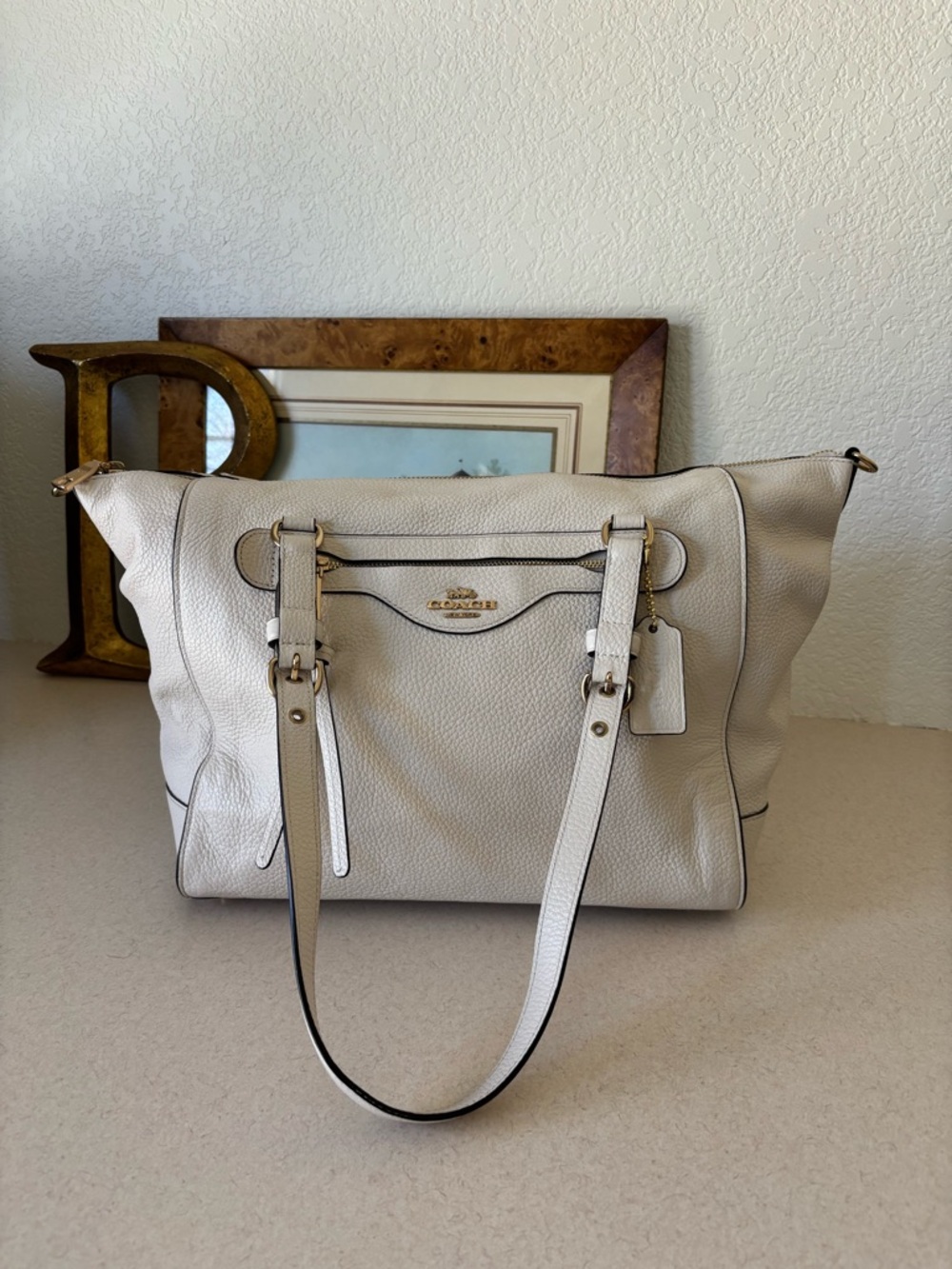 Coach Pebbled Cream Leather Tote with Gold Accents